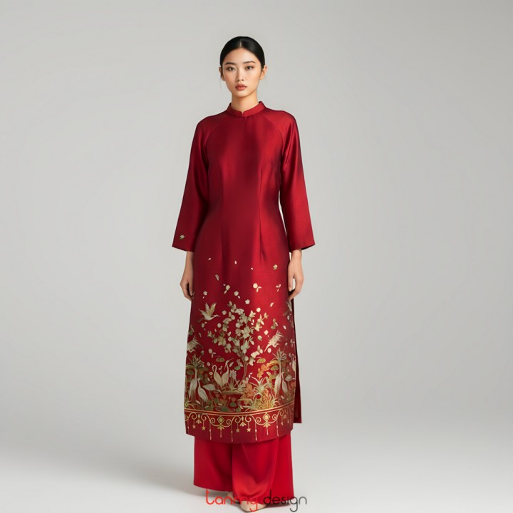 Set Áo Dài Tết gấm mai hạc đỏ F